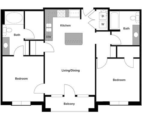 Floor plan for 2 beds, 2 baths, 939 sqft